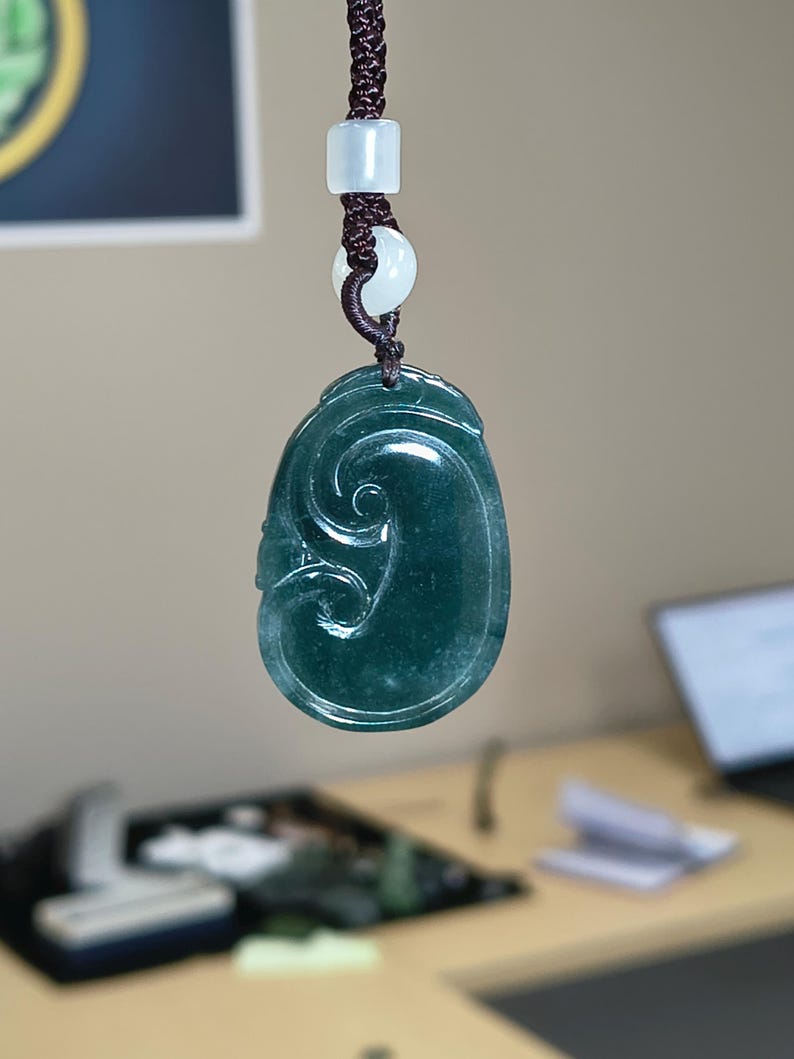 Certified Hand Carved Guatemalan Icy Jadeite Jade Ruyi Pendant - Image 3