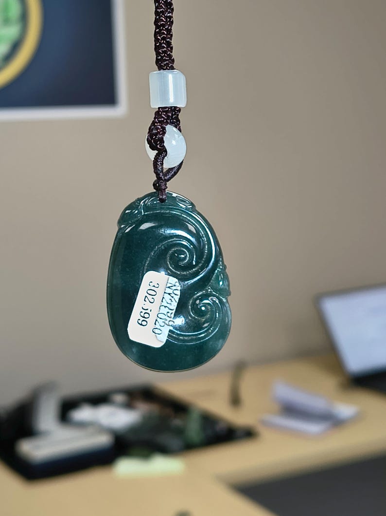Certified Hand Carved Guatemalan Icy Jadeite Jade Ruyi Pendant - Image 2